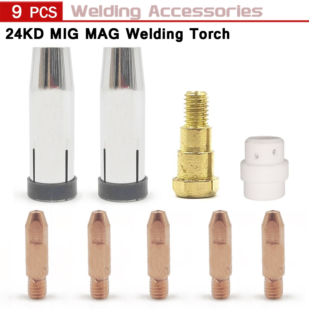 9Pcs/Lot 24KD Welding Torch Consumable 0.8mm 1.0mm 1.2mm MIG Torch Gas Nozzle Tip Holder Gas Diffuser of MIG MAG Welding Machine