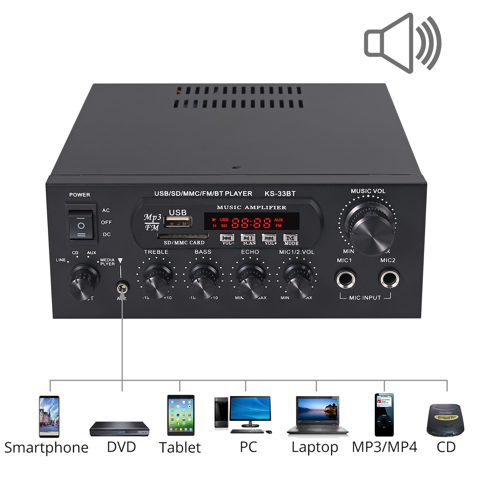 Bluetooth-Compatible Stereo Audio Amplifier KS-33BT Home HiFi Music SD USB FM MIC Wireless Digital Preamp With Microphone Input