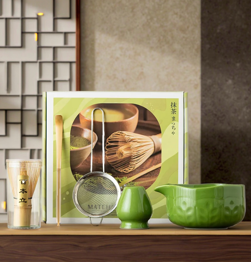 Matcha Tea Set 5 Pcs Matcha Whisk Set with Handcrafted Ru Ware Bowl Bamboo Whisk & Brush Ceremonial Japanese Matcha Tools