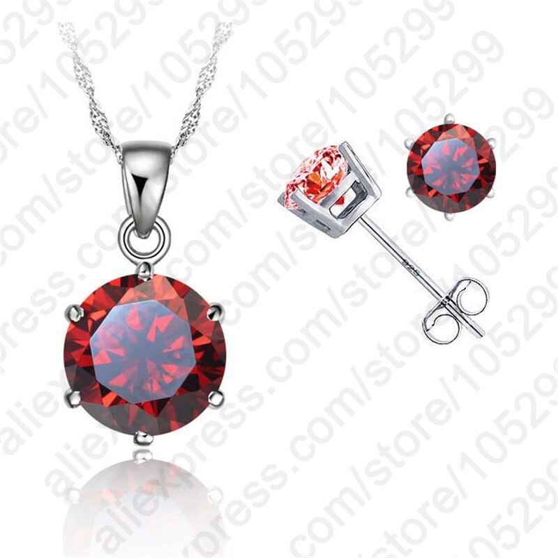Classic 8 Colors Cubic Zirconia Genuine 925 Sterling Silver Jewelry Sets 6 Claws Stud Earring Pendant Necklace 18" Chain