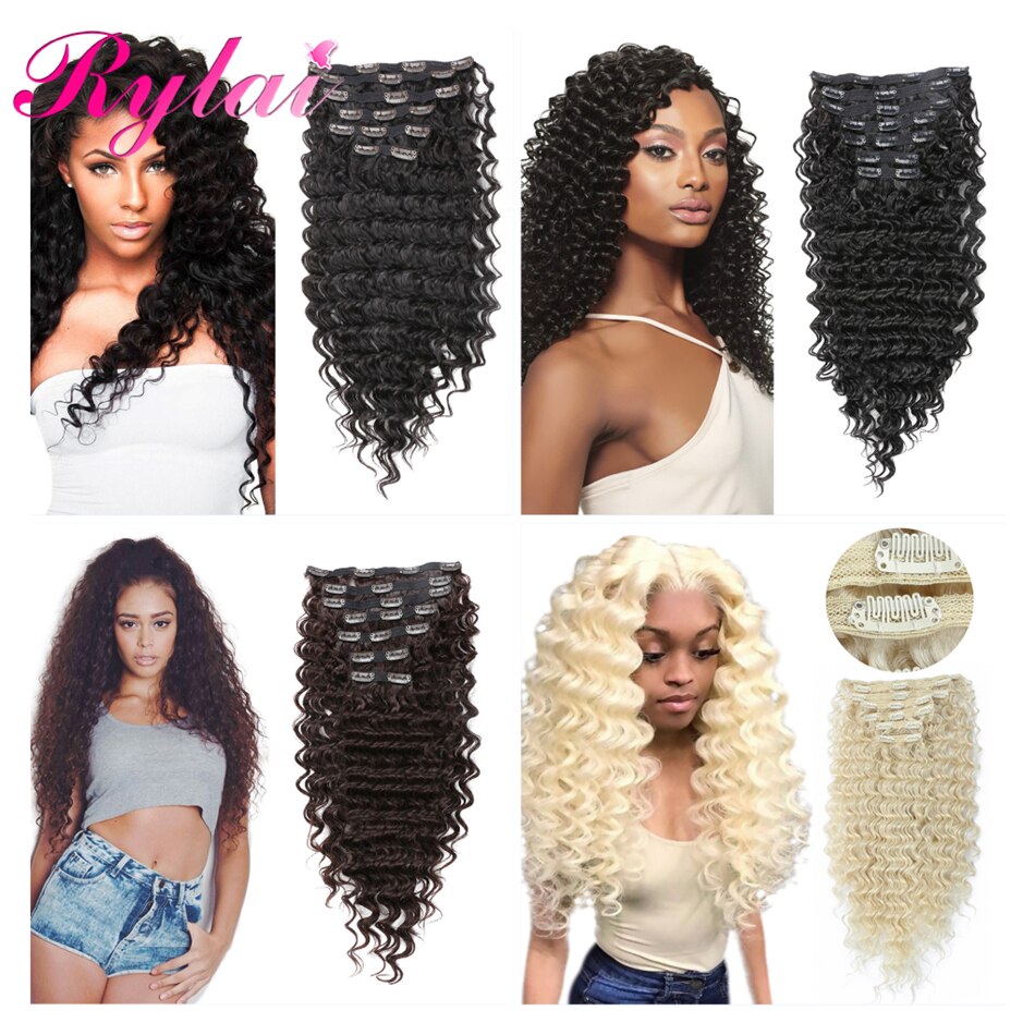 Long Kinky Curly Straight Clip In Hair Extensions Deep Natural Wave 140G 7Pcs/Lot Full Head Clip On Synthetic Hair By RYLAI