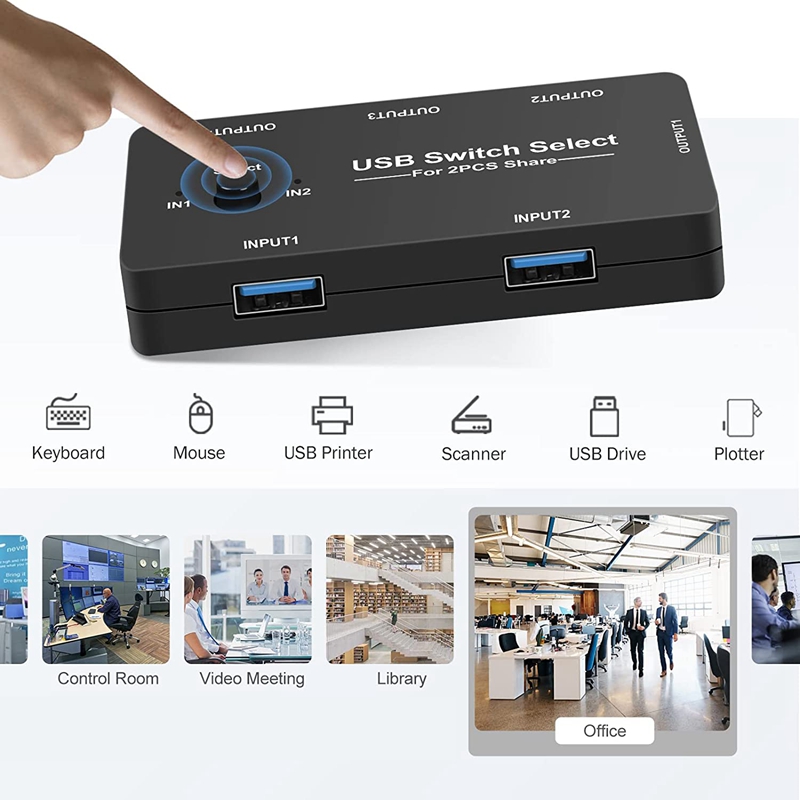 Usb Switch 2 Computer Sharing 4 Usb-apparaten, Usb Kvm Switcher Selector Met Een Knop Swapping, 4 Poort USB2.0 Schakelaar