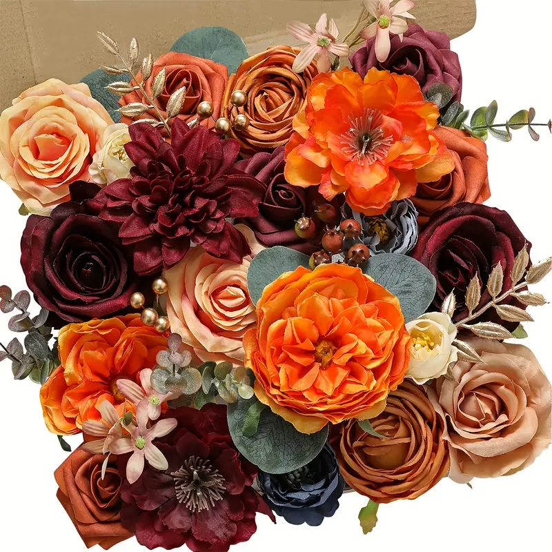 Caja combinada de flores artificiales de rosas naranjas, ramo de novia, decoraciones DIY para exteriores/interiores, flores decorativas para festivales