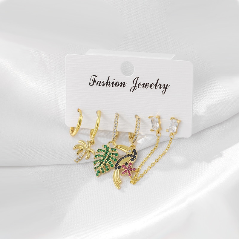 Cubic Zircon Flamingo And Tree Earrings Set Gold And Silver Color Shiny Crystal Hoop Earrings For Women Jewelry