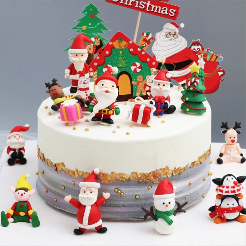 Christams party Cake Toppers Soft clay Christmas cake decoration cake decoration cards and Cake Flags Santa Claus and elk