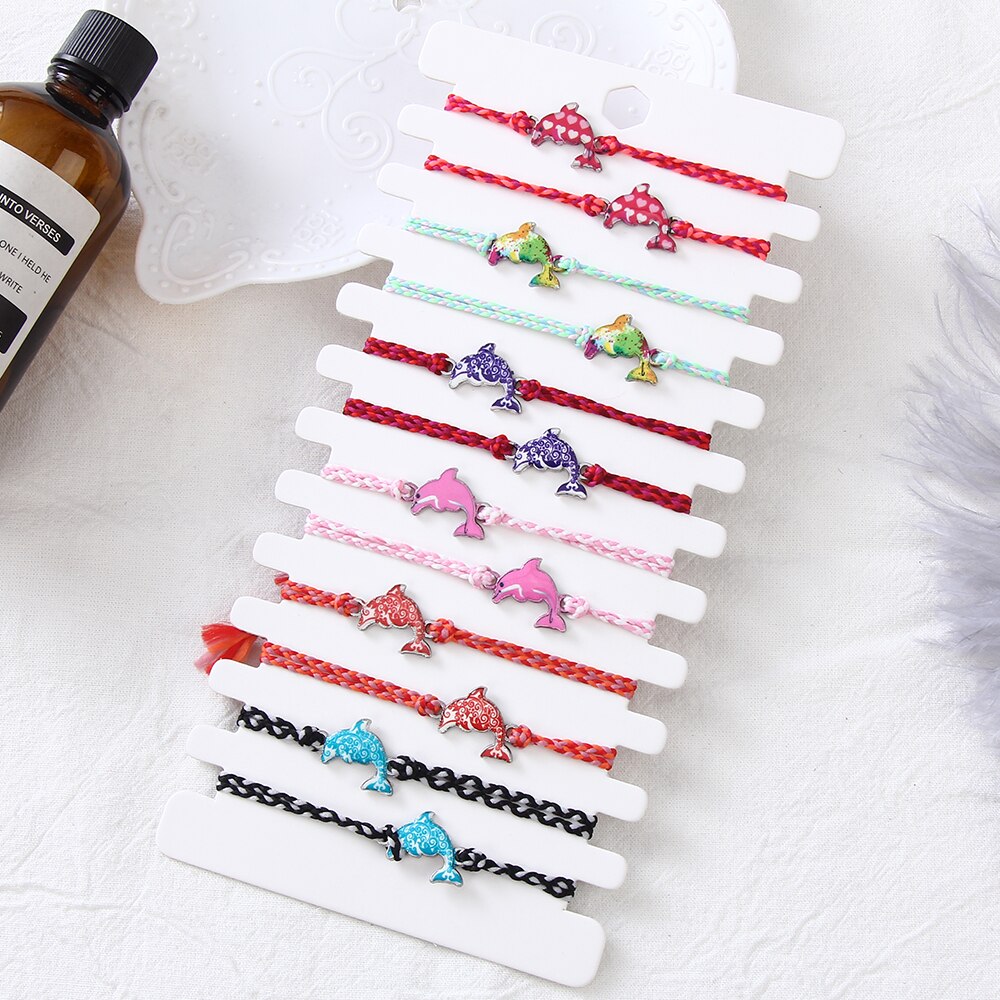 12 stück/set niedliches katzenkopf-schildkröten-anhänger-armband, gewebte spitze, verstellbares einhorn-delfin-armband, fußkettchen, damen-, mädchen- und kinderschmuck: E