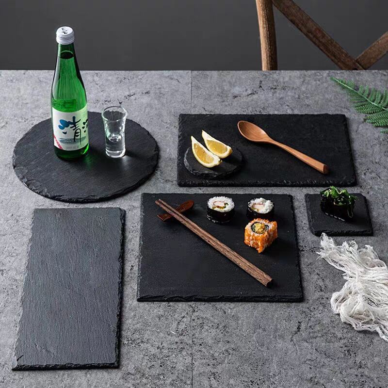 Black Stone Round Natural Slate Western Steak Plates Slate Dinner Plate Kitchen Cheese Pizza Flat Fruit Tray Plate For Wedding