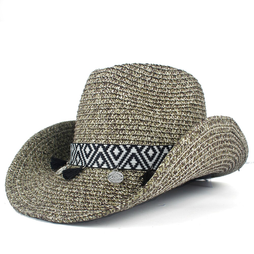 Boheme kvast kvindelige hule vestlige cowboy hat dame sommer halm sombrerocap strand cowgirl jazz sol hat: Kaffe