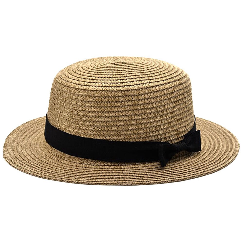 Betoverende opvouwbare unisex strik ronde platte rand strohoed zomer strandpet: Lichte koffie