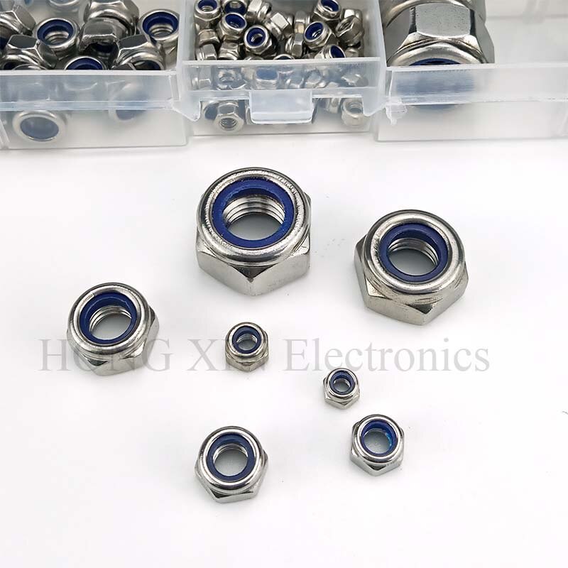 165pcs/Set M3 M4 M5 M6 M8 M10 M12 Stainless Steel Nylon Lock Nut Metric Assortment Kit Insert Locking Nuts