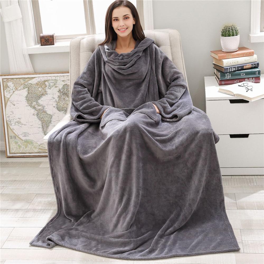 Lång fleece filt hoodie tröja med ärmar vuxen mysig mjuk vinter varm bärbar mantel sjal kastar filt för sängar soffa