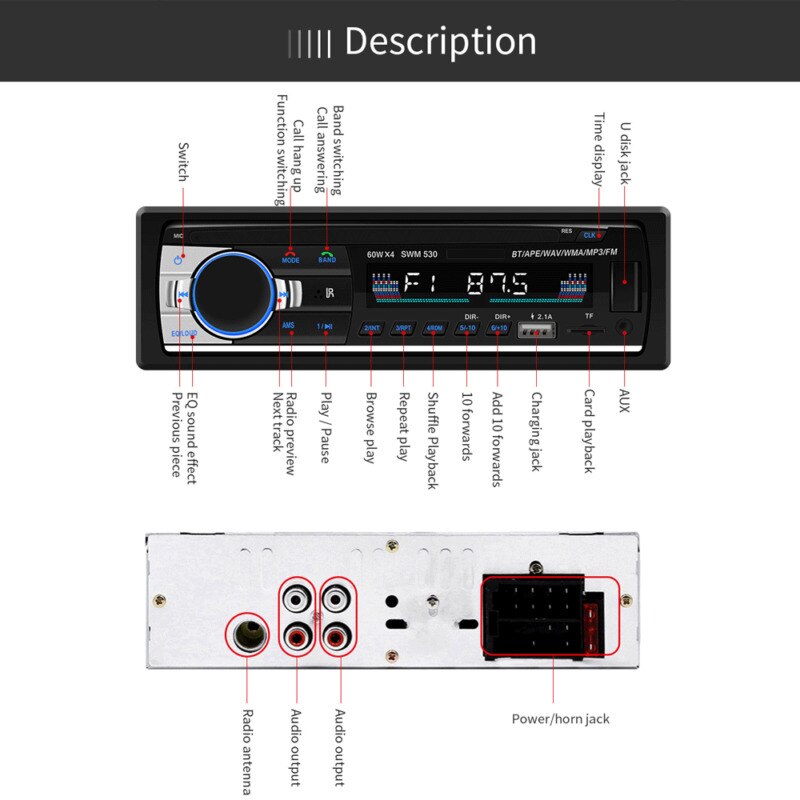 Carro Stero FM Rádio Retro 12V Player Do Carro Do Bluetooth Estéreo MP3 WAV USB AUX FM