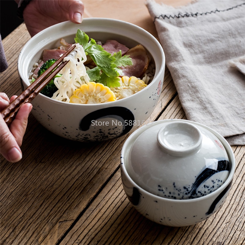 4.5/6.5 Inch Japanese Style Ceramic Dessert Stew Pot Noodle Soup Ramen Bowl Household Rice Bowl With Lid Dinnerware Set