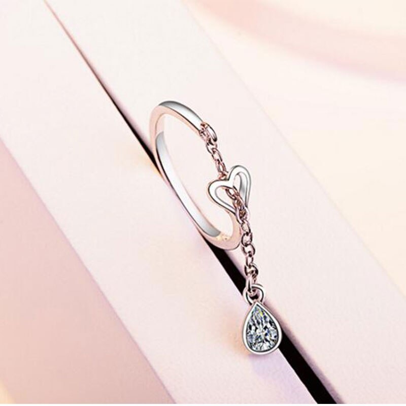 925 Sterling Silver Trendy Silver Color Love Heart Rings With Water Pendant For Women Party Jewelry S-R234