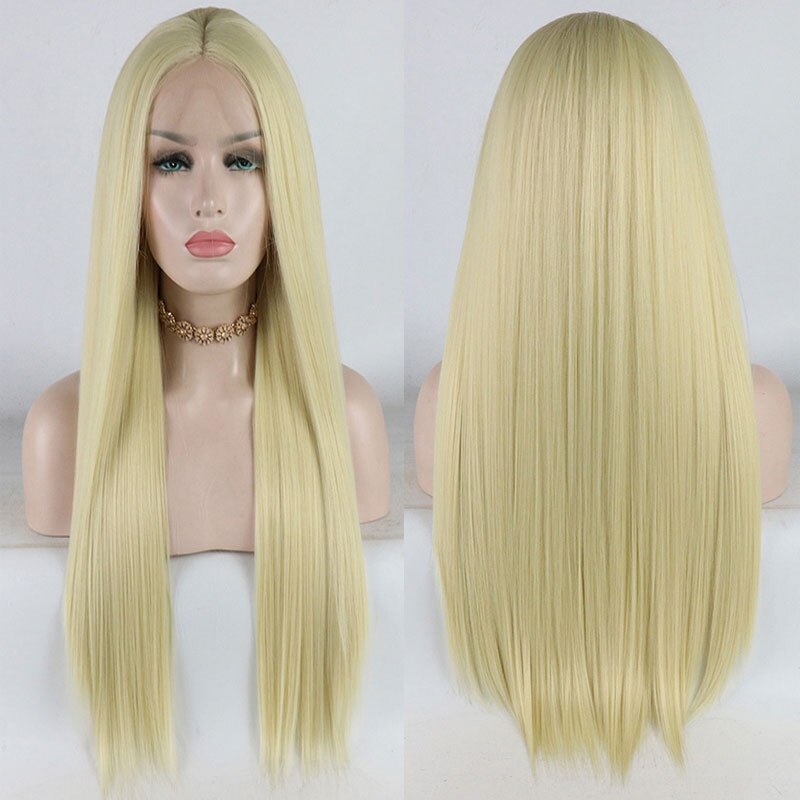 Bombshell Honey Blonde Yaki Straight Synthetic Lace Front Wig Glueless Heat Resistant Fiber Hair Middle Parting For Women Wigs