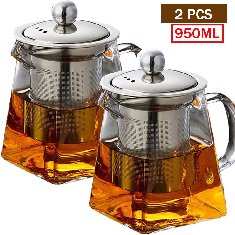Tetera de café de vidrio resistente al calor, recipiente Infusor de acero inoxidable, calentador, tetera transparente, filtro cuadrado, cestas: 950ML 2PCS
