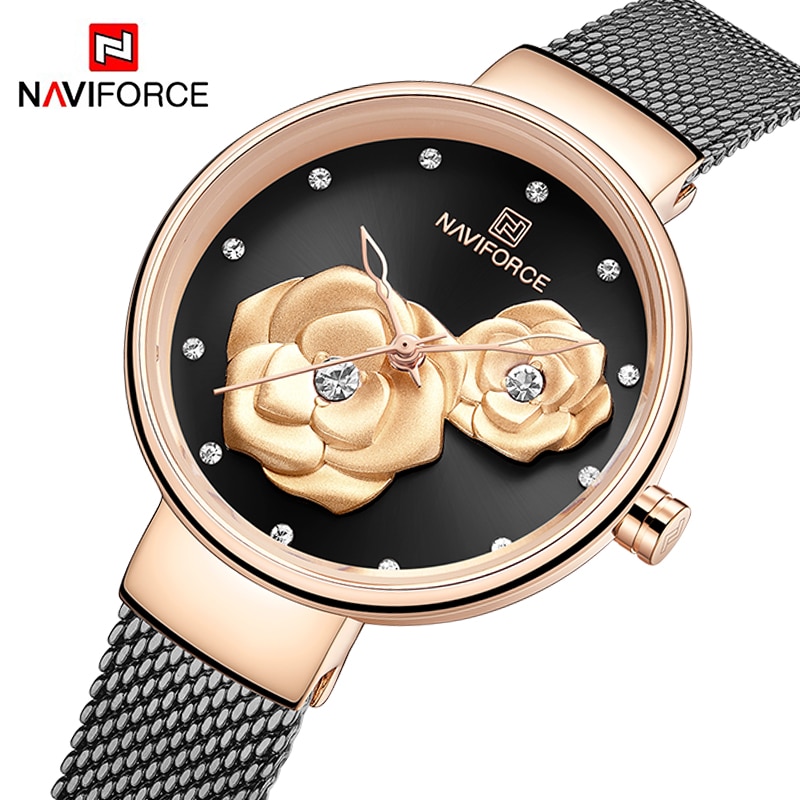 Luxe Naviforce Dames Horloges Mode Creatieve 3D Rose Horloge Voor Vrouwen Meisje Casual Klok Relogio Feminino