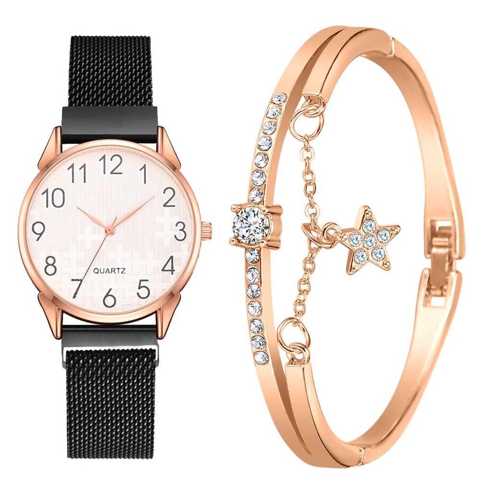 Ensemble de 2 montres pour femmes avec bracelet en maille magnétique et aimant en or, montres à quartz à chiffres arabes pour femmes: Ensemble noir