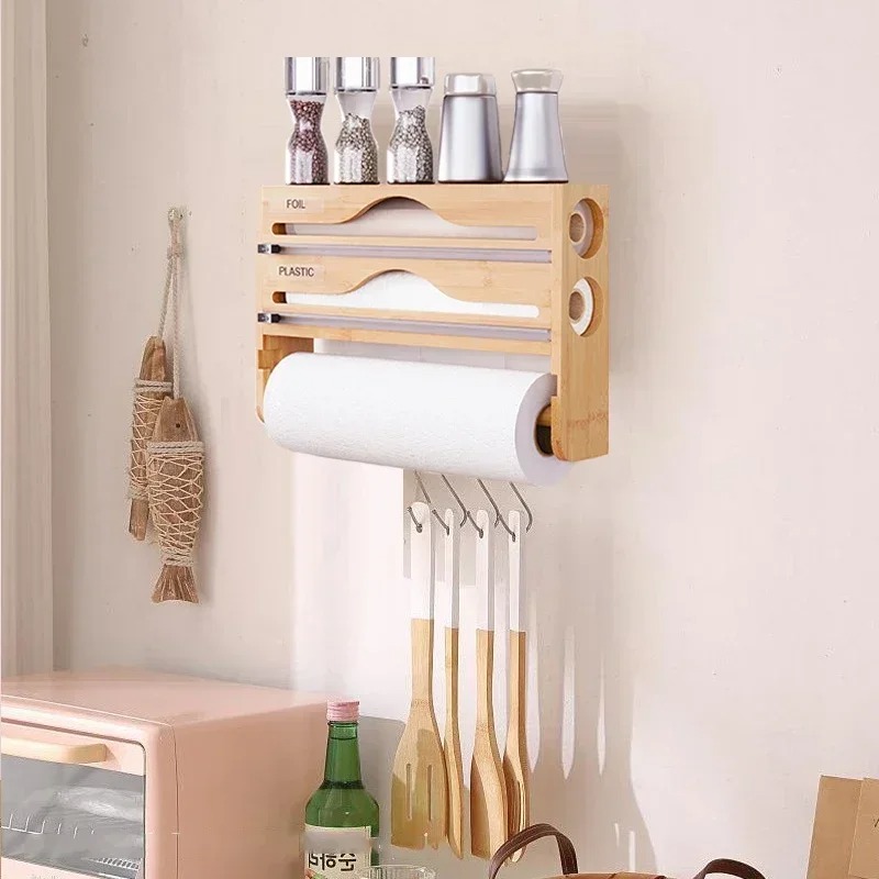 Keuken Bamboe Compartiment Vershoudfolie Tin Folie Cutter Box Keukenpapier Wandmontage Papieren Handdoek Keuken Organizer Accessoires