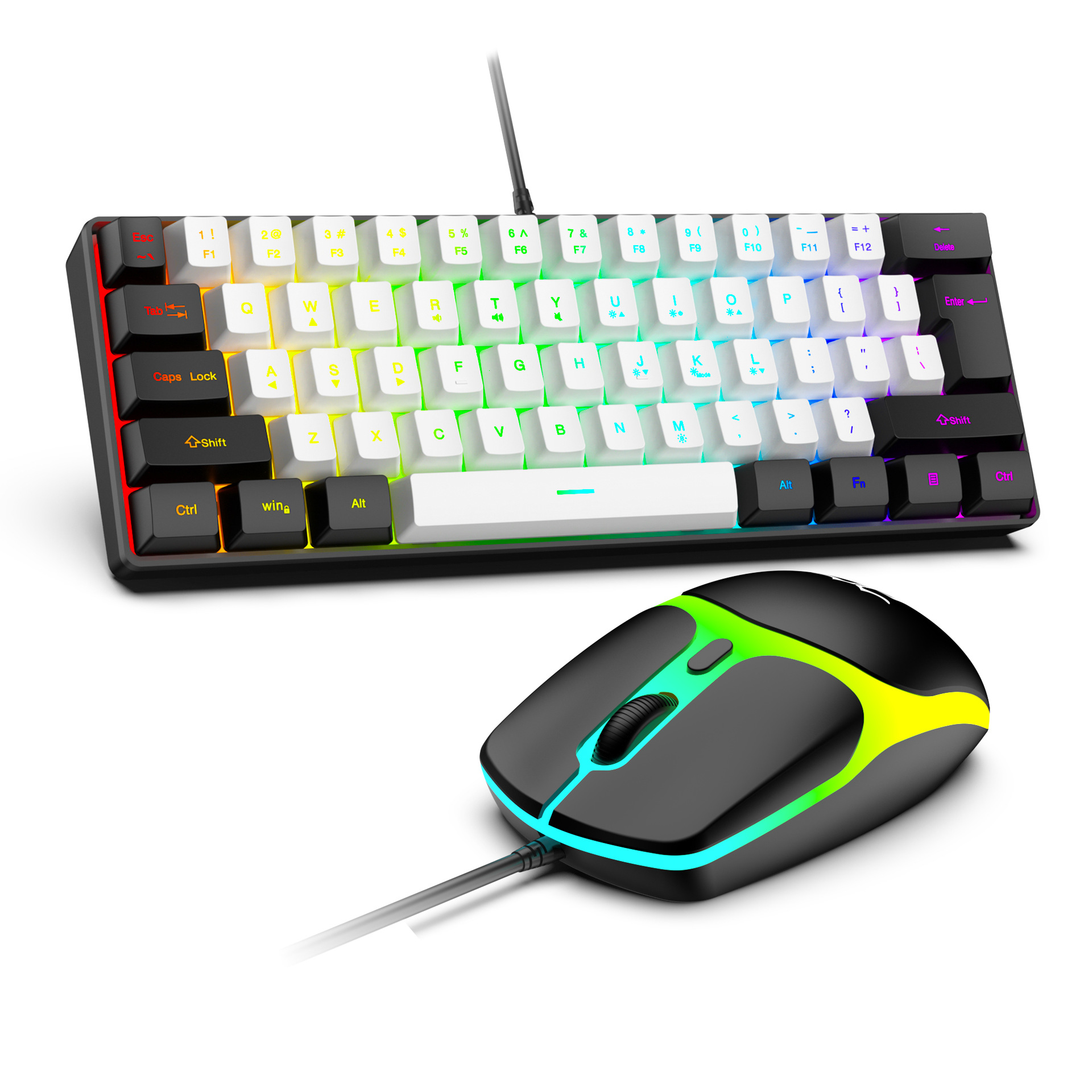 USB-verkabelte RGB-Gaming-Tastatur, 61 Tasten, weiß, schwarz, kompakte Mini-Bürotastatur und Maus für PC, Desktop-Computer, Gamer-Tastatur: WHITE