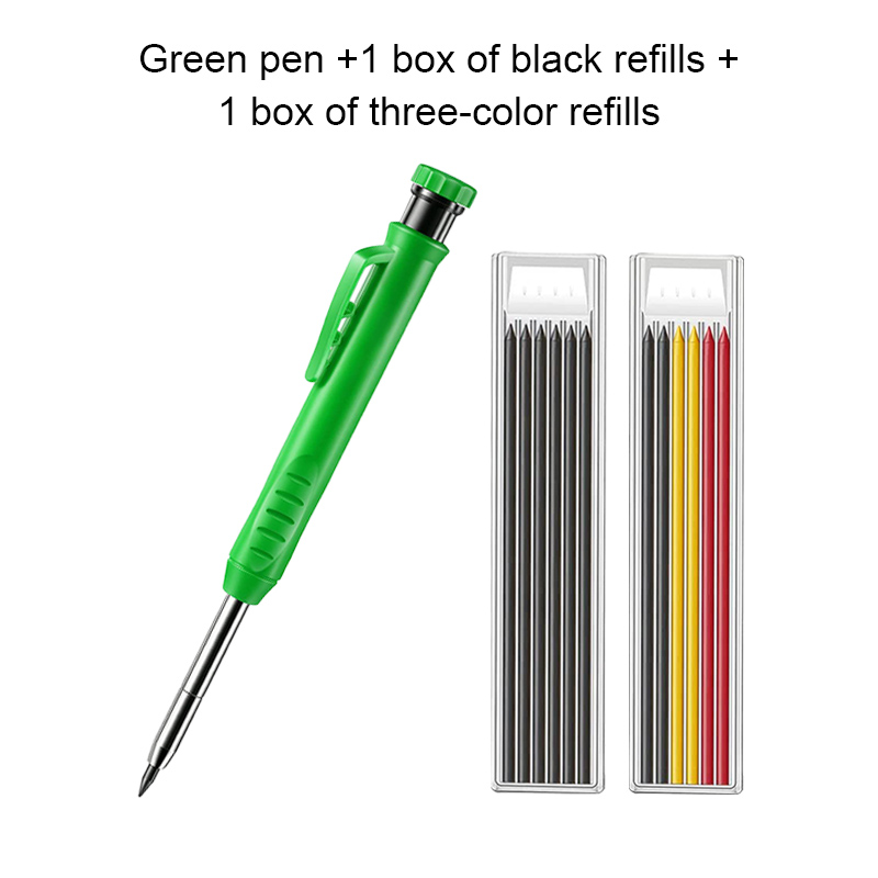 Solid Carpenter Pencil Set Built-in Sharpener with 6 Refill Leads Mechanical Pencil Marking Tool Kit for Woodworking Architect: green