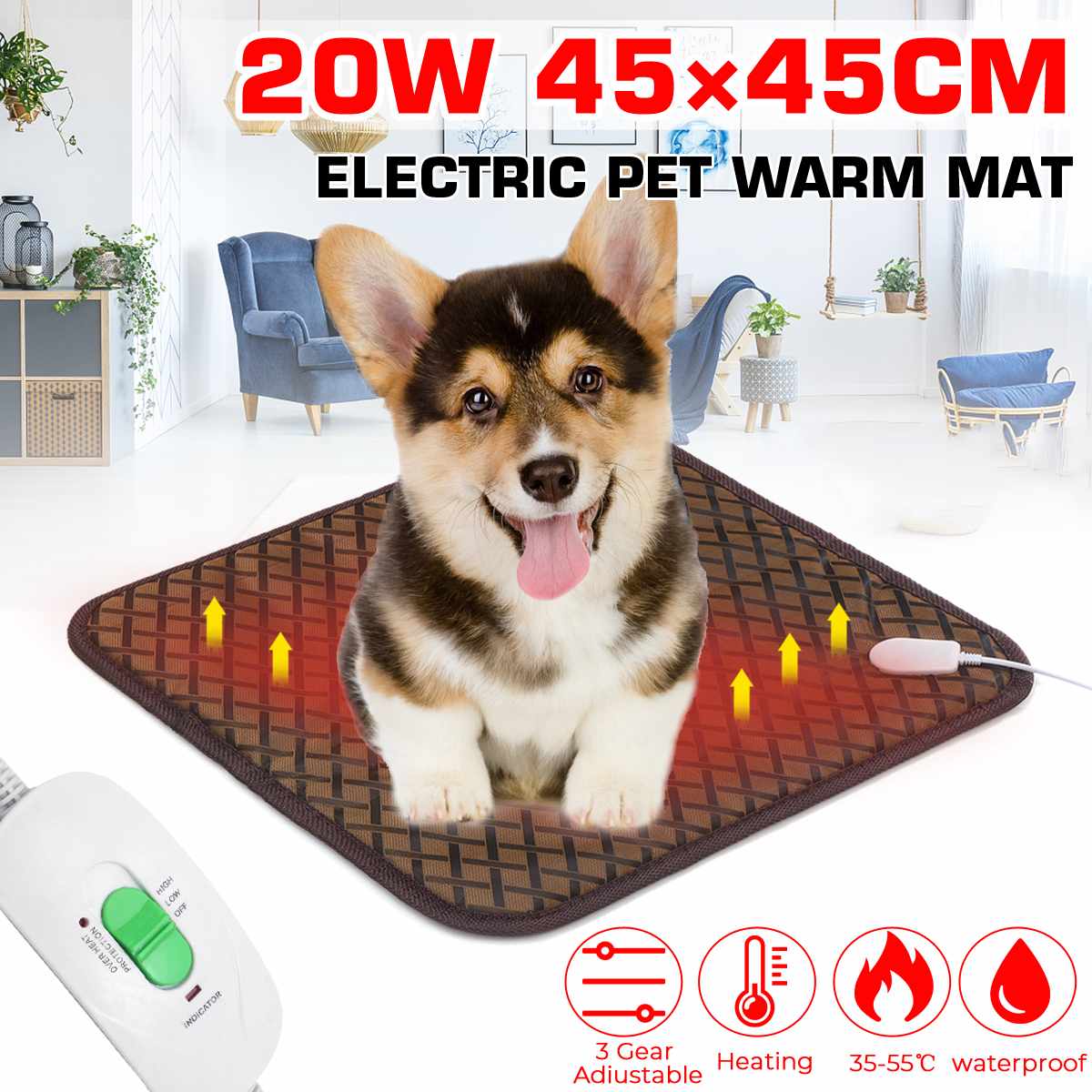 Elektrisk varmepude 45 x 45cm varmemåtte 3 varmeregulator kat hundeseng til mave talje lindre rygsmerter vintervarmer