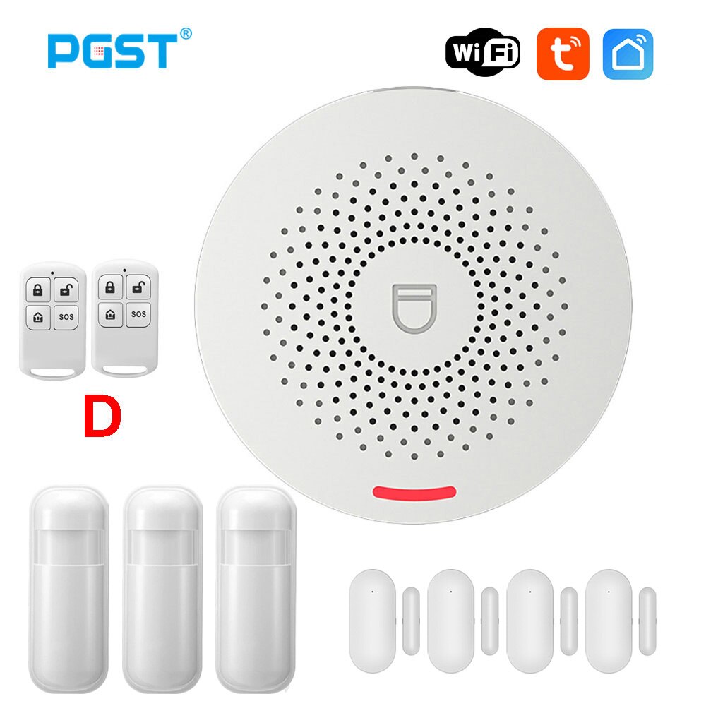 PGST – kit système d&#39;alarme de sécurité sans fil PW150, wi-fi, avec détecteur de mouvement, capteur de porte, application Tuya, contrôle pour maison intelligente: D. / Prise de l’UE