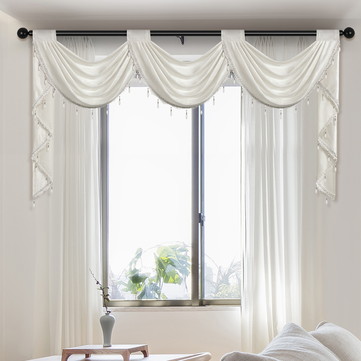 Rideau cantonnière de luxe européen, poche pour tringle, tissu en velours italien doux, tête de rideau de couleur unie pour salon et chambre à coucher, 1 pièce: BLANC