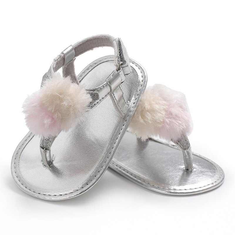 Baby flickor sommar andas rund fluff dekoration skor anti-halk flip flop nyfödd sandaler 0-18m: Silver- / 7-12 månader