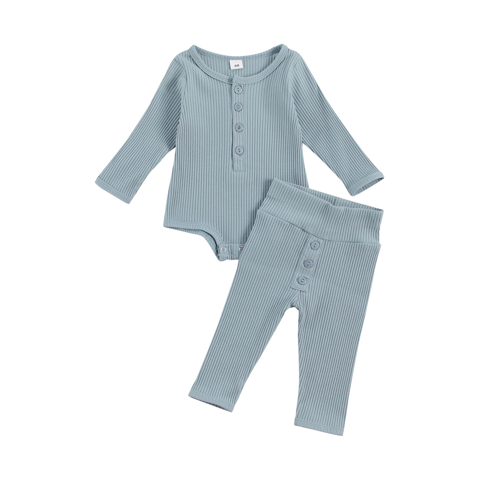 Focusnorm 0-18M Pasgeboren Baby Meisjes Jongens Nachtkleding Sets Solid Knit Knop Lange Mouw Romper Tops Broek 2 stuks 4 Kleuren: Blauw / 3M