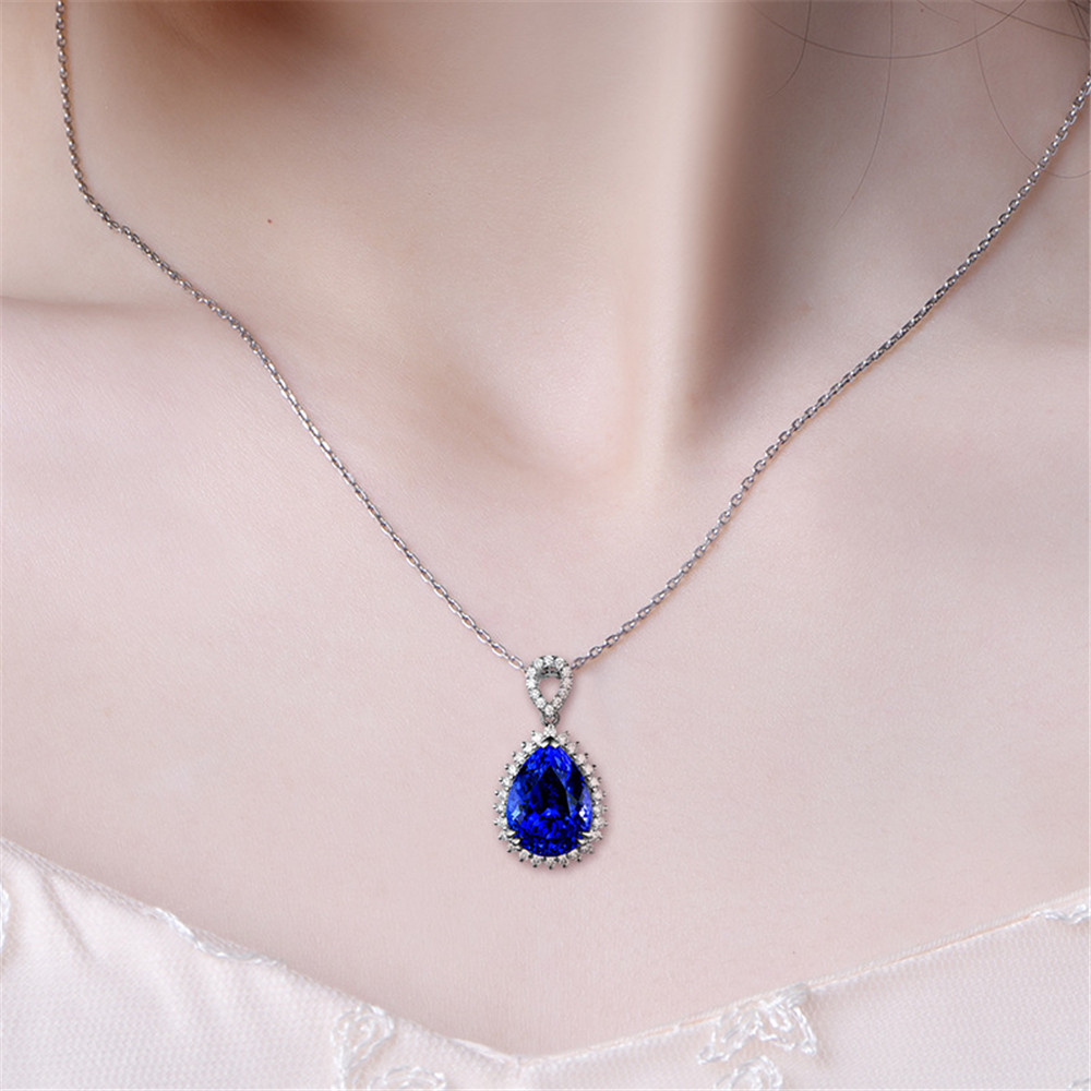 Big Blue sapphire anhänger halskette frauen kristall zirkon diamanten edelstein weiß gold braut fest schmuck-party Weihnachten