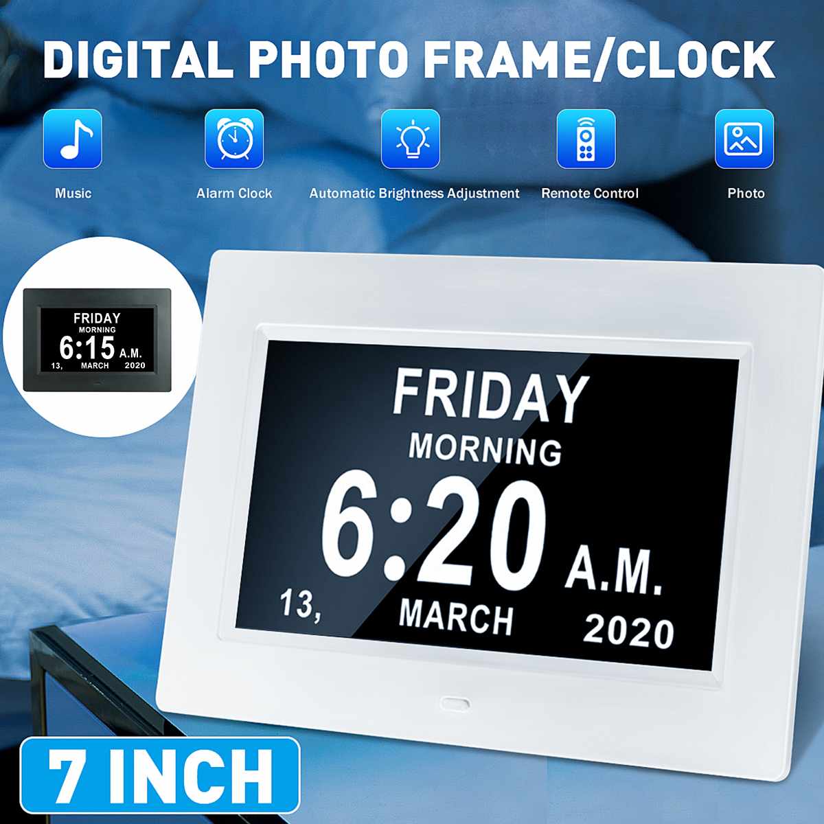 7 Inch Hd Led Display Wekker Digitale Fotolijst Klok Elektronische Desktop Display Home Decor Klok Automatische Helderheid