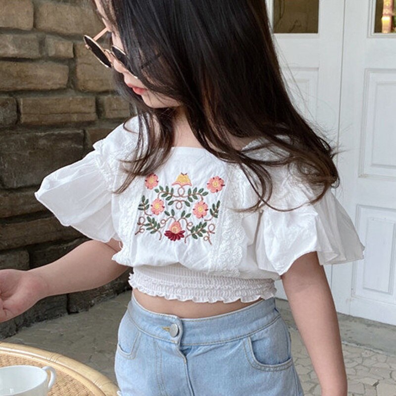 ♕s Sweet Girl Shirt Embroidery Lace Shirt Short Top Childrens Clothing