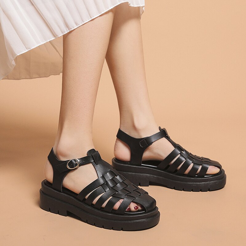Vrouwen Sandalen Zomer Platte Platform Weave Sandaal Chunky Bodem Leer Mode Vrouwelijke Slippers Gesp Dames Schoenen