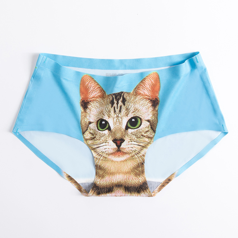 3D Cat Middle Waist Sexy Girl Underwear Cartoon Ice Silk Printed Cat Head Briefs Meow Star Man Thong Panties Underwear Women: blue / L