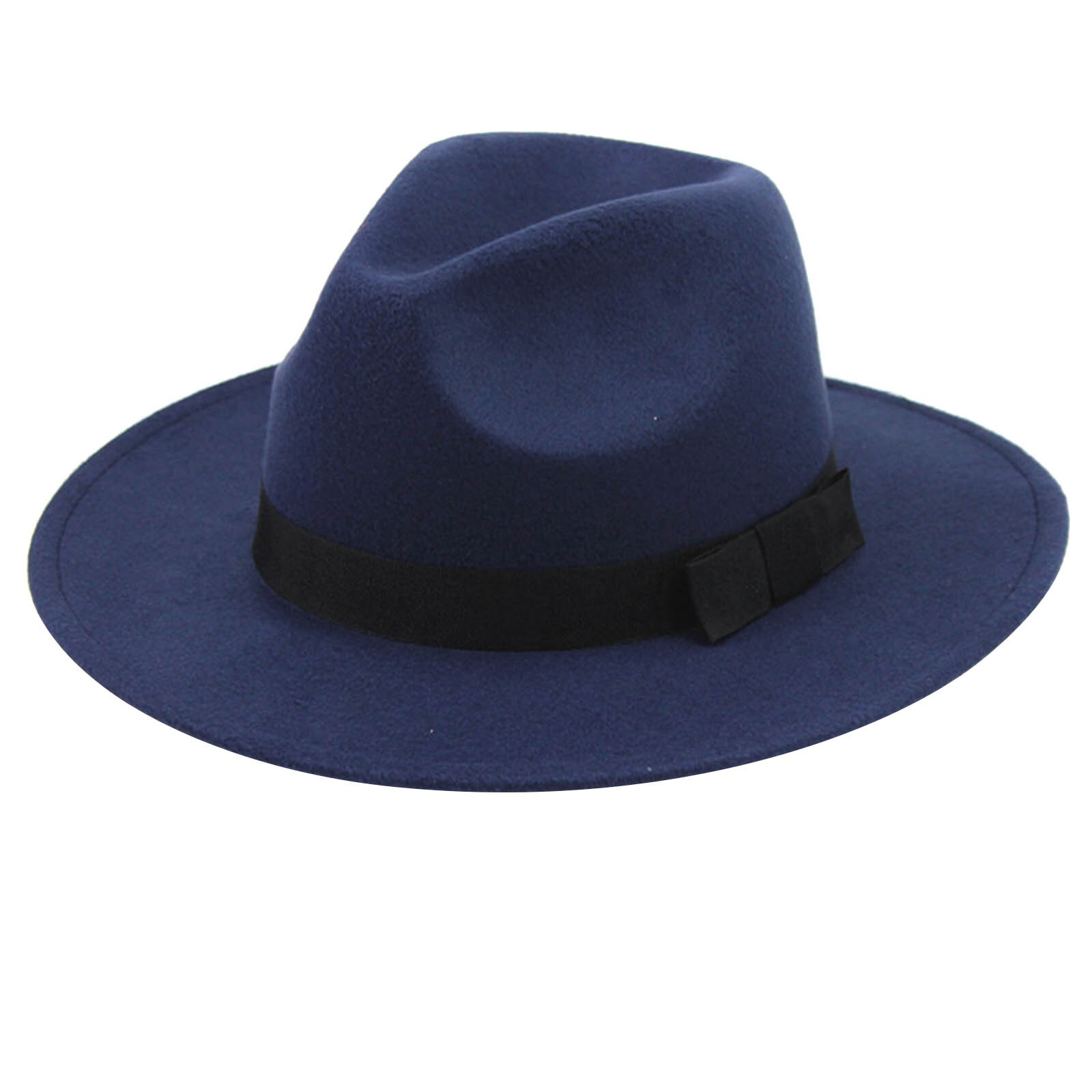 Women's Stylish Top Hat Crushable Wool Felt Outback Hat British Style Headgear Wide Brim Belt Cap AIC88: navy blue