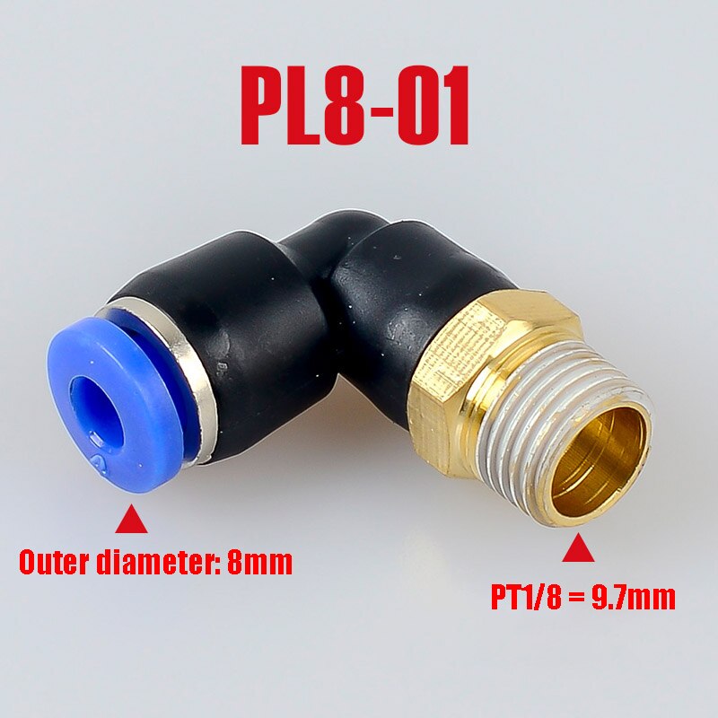 Pl pneumaattinen liitin 4mm-12mm letku  od 1/8 " 1/4 " 3/8 " 1/2 " uros pneumaattinen kierre putki kulmaliitin putki ilma työnnetään sisään: Pl8-01
