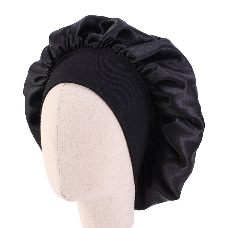 Baby Silky Satin Solid Wide-brimmed Sleeping Hat Girl Night Sleep Hair Cap Bonnet Nightcap For Children Unisex Hair Tool: black