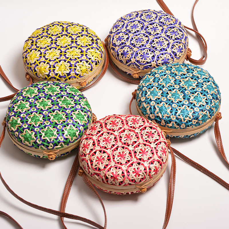 Sac rond en paille de bambou pour femmes, sacoche à bandoulière fait main bohème, sac de plage d'été creux initié, boîte Asus tissée en rotin
