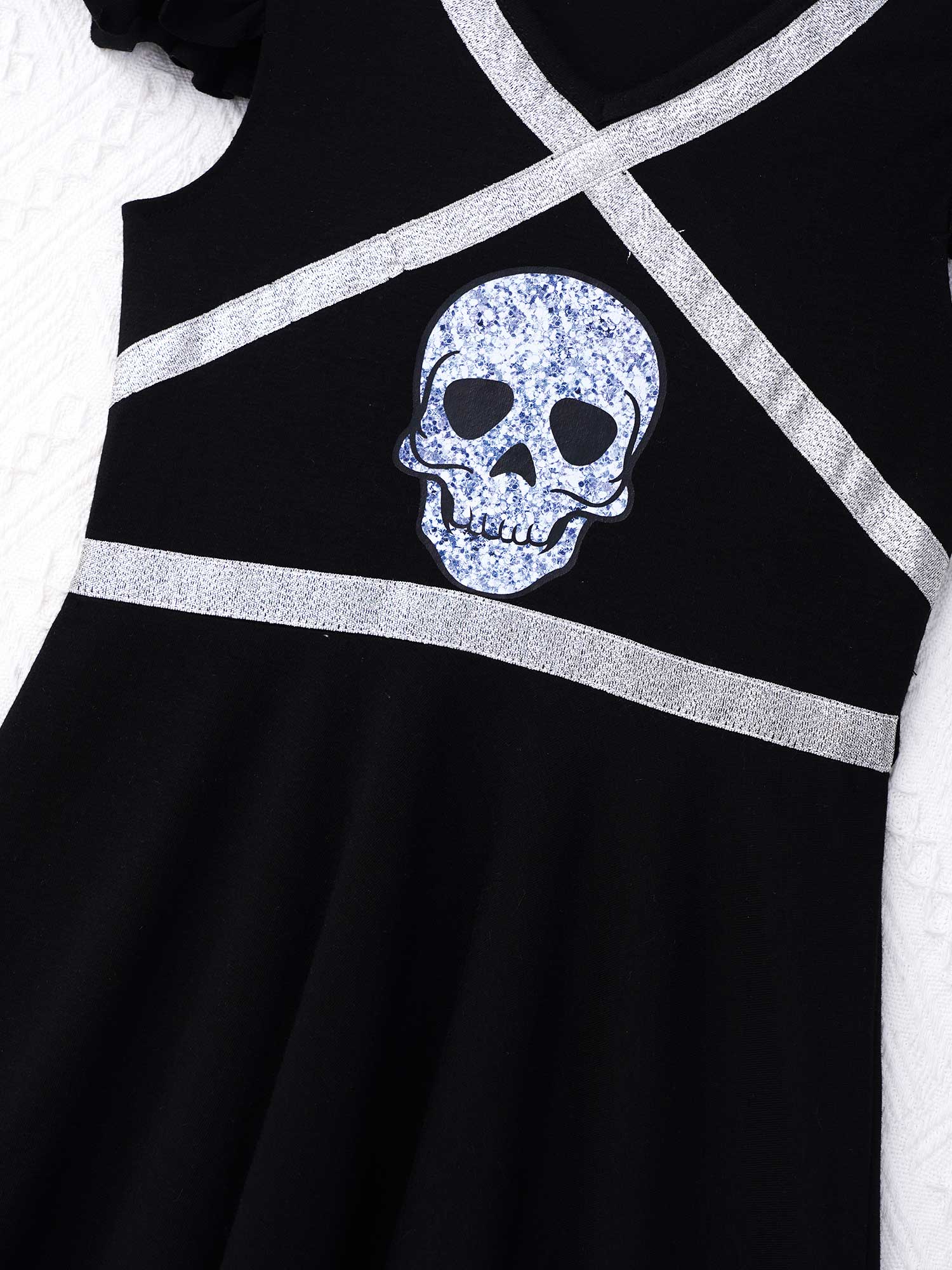 Kids Meisjes Halloween Cheerleader Jurk Flutter Mouw V Hals Kriskras Gestreepte Schedel Patroon Print Cheerleading Dans Jurk