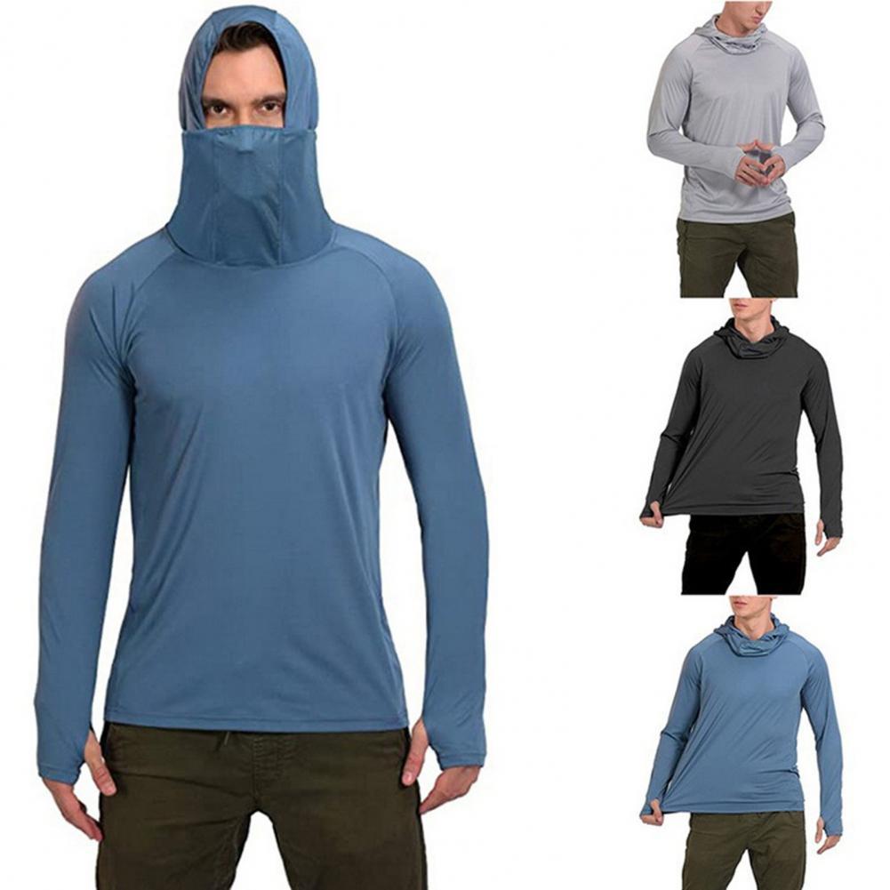 Camisa de pesca con capucha para hombre, camiseta de ciclismo fina de Color sólido, elástica, ligera, con agujero para el pulgar, para exteriores, senderismo, escalada y ciclismo