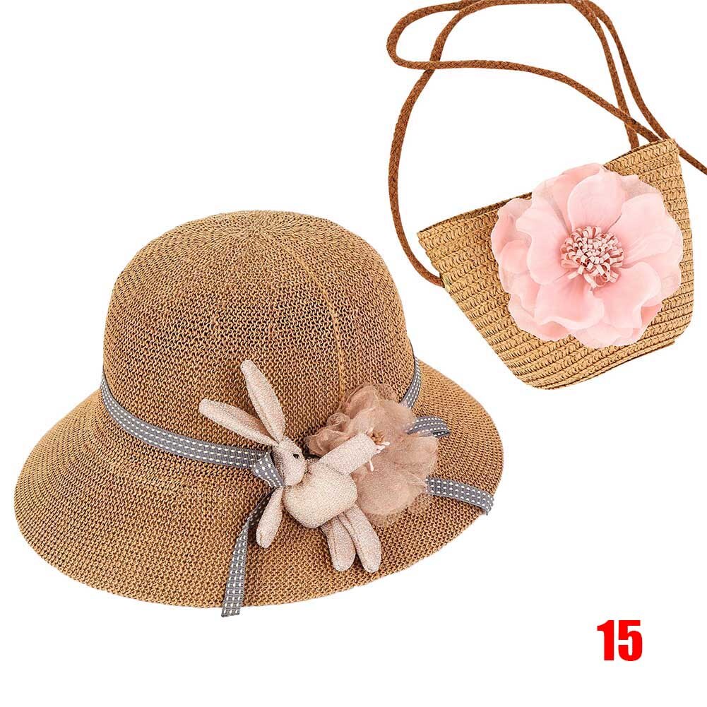 Women Girls Straw Sun Hat + Cute Flower Straw Shoulder Bag Set Summer Beach Kit -B5: 15