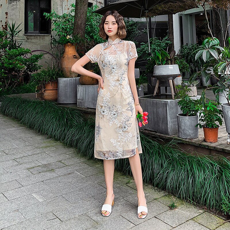 FZSLCYIYI Ladies Satin Silk Qipao Dress Lace Embroidery Traditional Clothing Chinese Knee-length Qipao Dresses