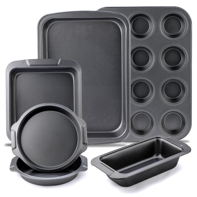 6Pcs Bakeware Set Nonstick Carbon Steel Baking Bread Pan Cookies Sheet Layered Cake 12-Cup Muffin Round and Square Baking Pan: SET