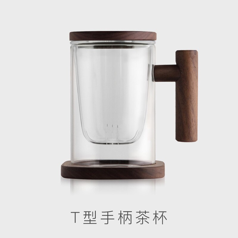 Chuxin Walnoot Glas Cup Plagen Koud Water Fles Houten Filter Glas Huishouden Thee Cup Koude Thee Batch: T handle cup