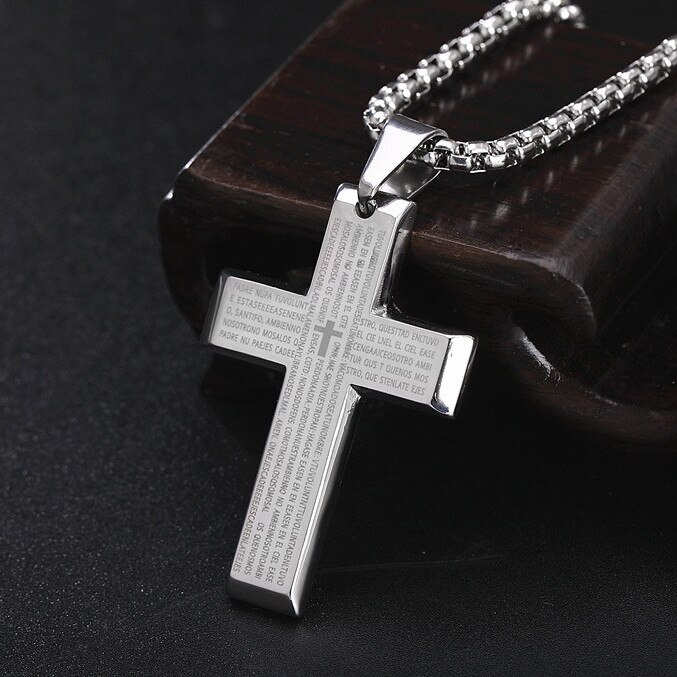 Retro Christian Jesus Single Titanium Scripture Cross Necklace Stainless Steel Black Prayer Choker Cross Pendants For Men Colar: Steel color