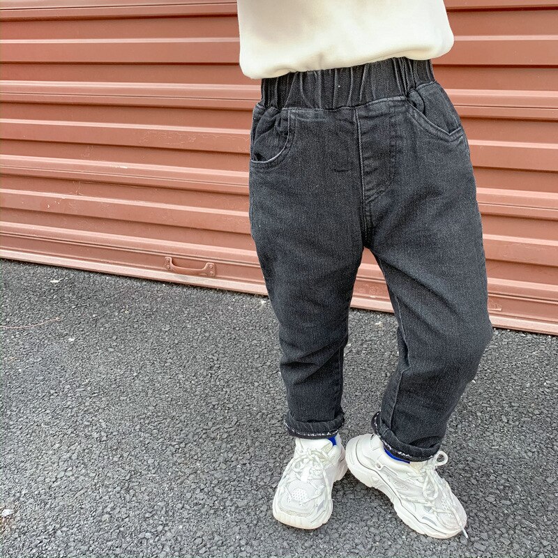 Flicka pojke vinter jeans byxor barn körsbär broderi sammet inuti tjocka varma byxor barnkläder kläder