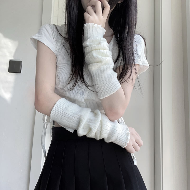 Frilly Knit Arm Warmer Women's Kawaii Leg Warmers White Black Striped Winter Arm Sleeves Japanese Cute Flared Leg Warmers T433