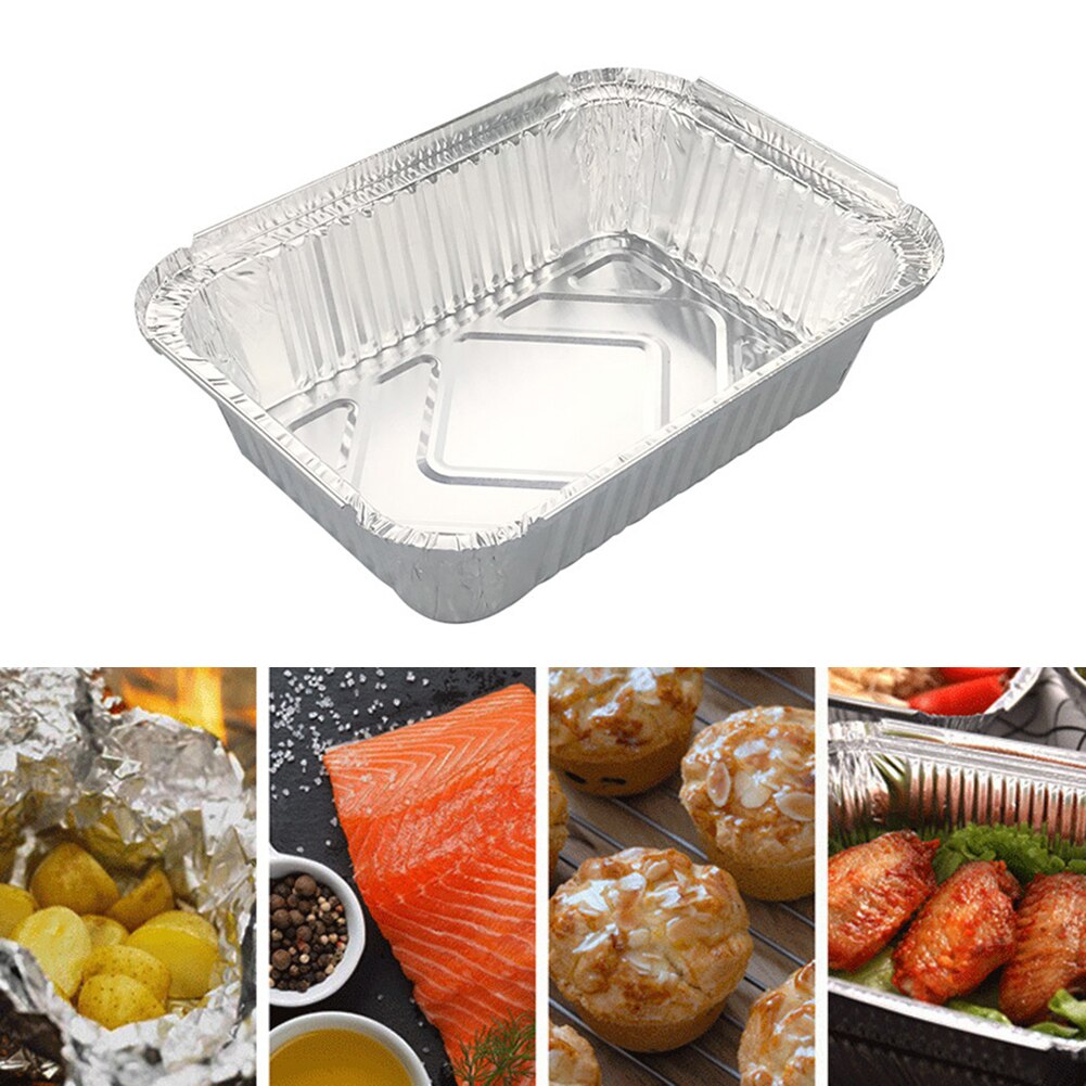 50Pcs Disposable Aluminum Foil Pans 260/450/600/850/1100ml Rectangle BBQ Tray Baking Pan Food Container Picnic Kitchen Tools