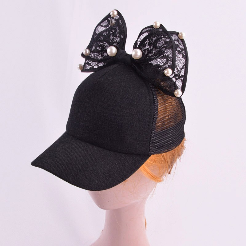 Lapin oreille enfants casquette de Baseball filles Snapback Protection solaire Hip Hop casquettes simulé perle grand arc enfants printemps été chapeau de soleil: black mesh